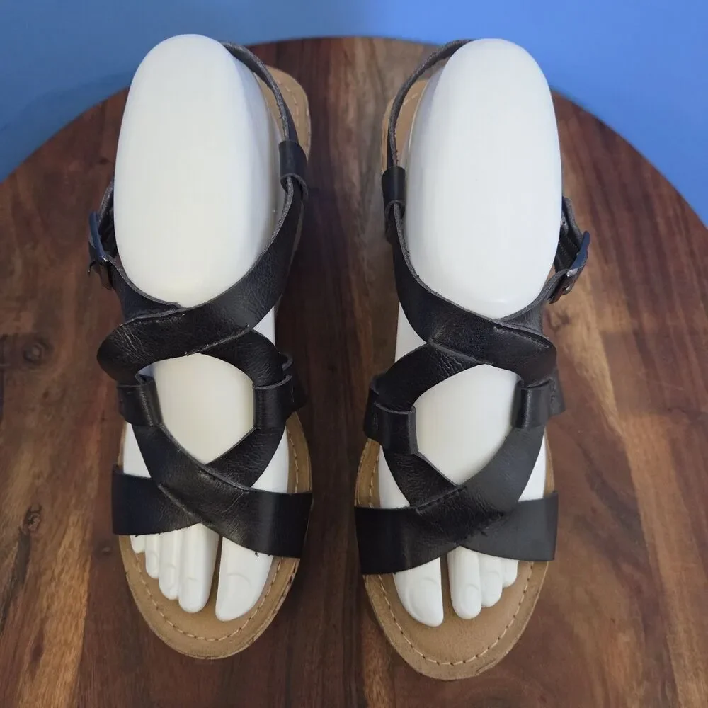 G.H. Bass & Co Garland Black Leather Wedge Cork Heel Sandals Womens 8M